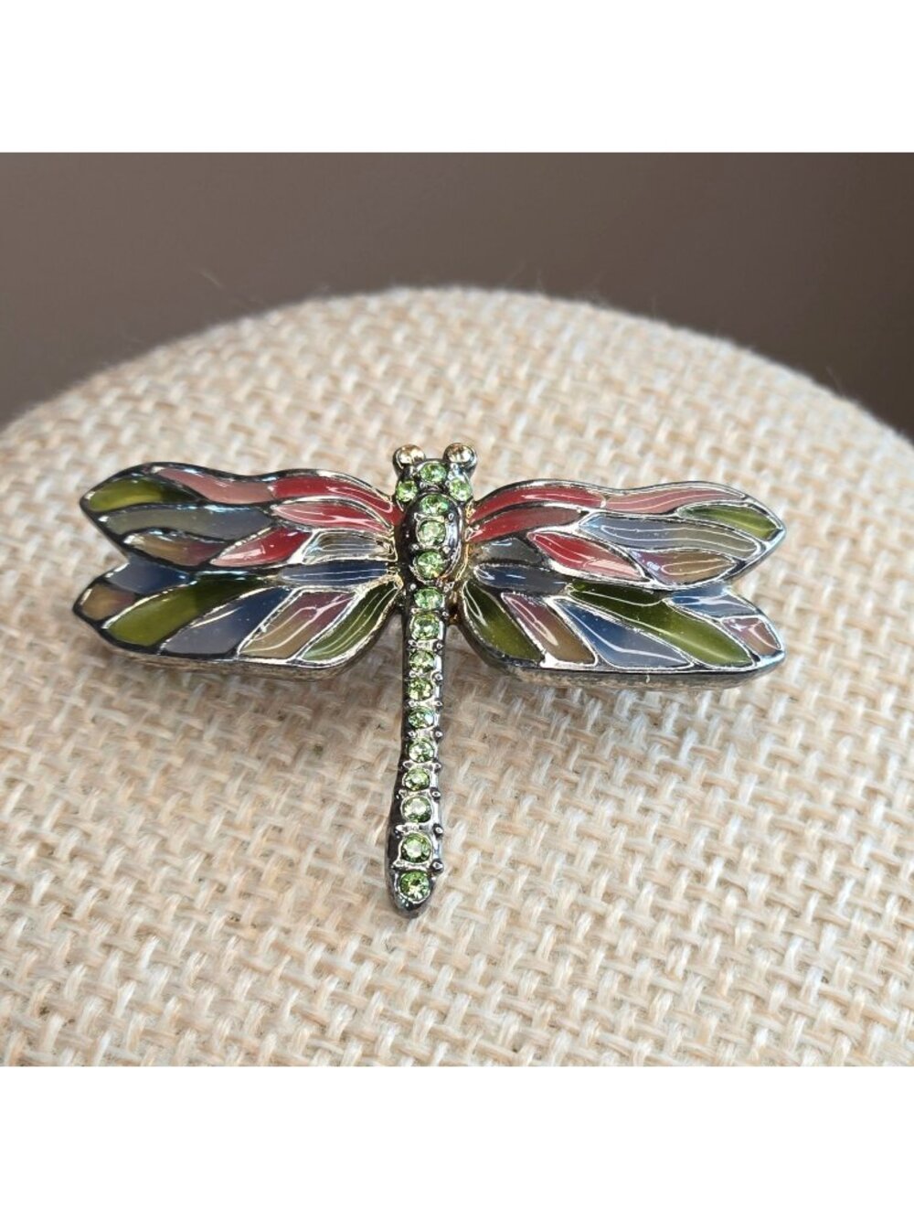 Vintage Monet Dragonfly Brooch Enameled Multicolor Wings Pavé Green Rhinestones